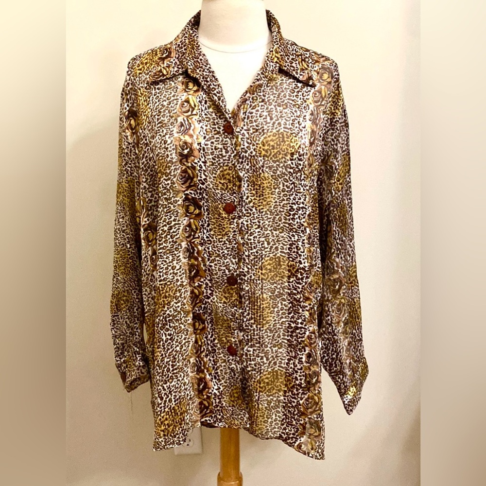 Brisas Tan Brown Animal Floral Print SZ 3X Safari Earthy Jungle Semi Sheer Top